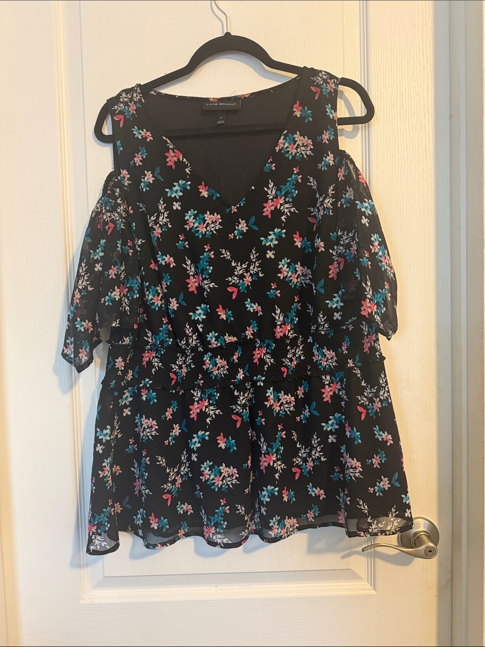 Lane Bryant Black Floral Cold-Shoulder Tunic with Pink & Teal Accents
